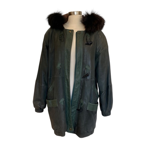 VTG 80’s Express Dark Green Leather Toggle Coat with Fur Trim Hood - Picture 8 of 11